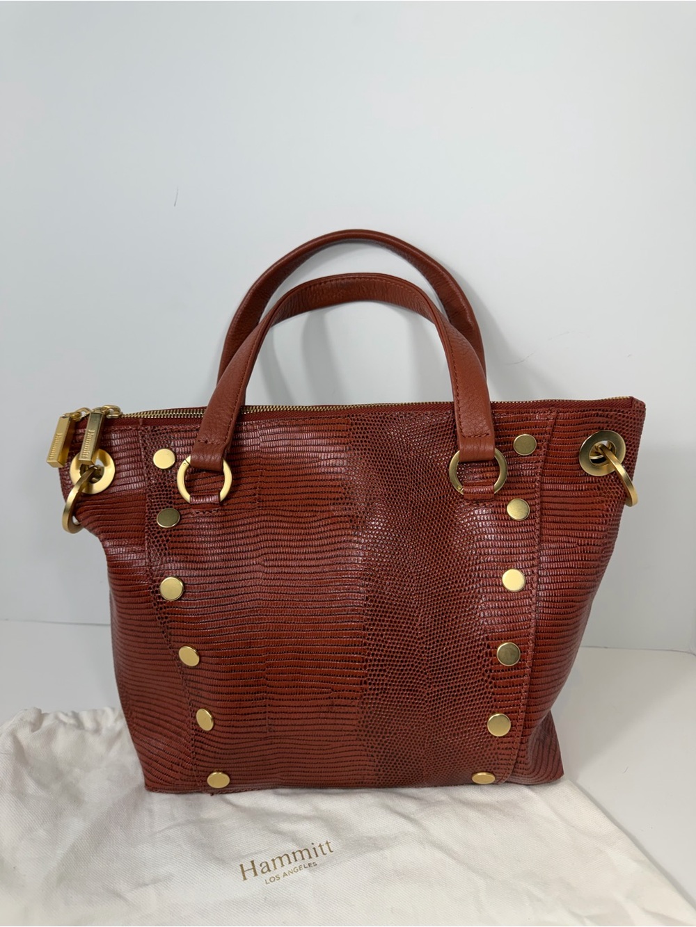 Hammitt Daniel Leather Satchel Crossbody Bag Cognac Lizard Gold - Picture 2 of 11